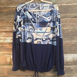 42 Pops Navy Blue Patterned Women's Top, Plus Size 1X
